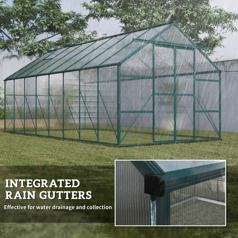 Outsunny 16' x 8' Aluminum Greenhouse Polycarbonate Walk-in Garden Greenhouse Kit with Adjustable Roof Vent, Rain Gutter and Sliding Door for Winter, Clear