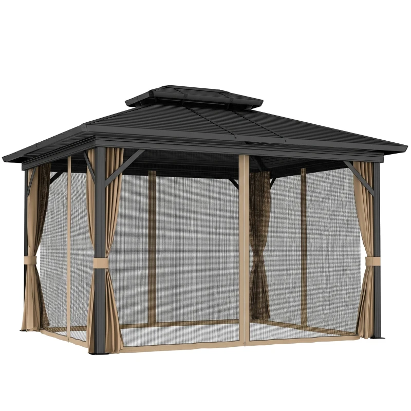 Outsunny 10' x 12' Hardtop Gazebo, Sun Shelter with Double Tier Metal Roof, Mosquito Netting, and Hanging Hook, Dark Brown