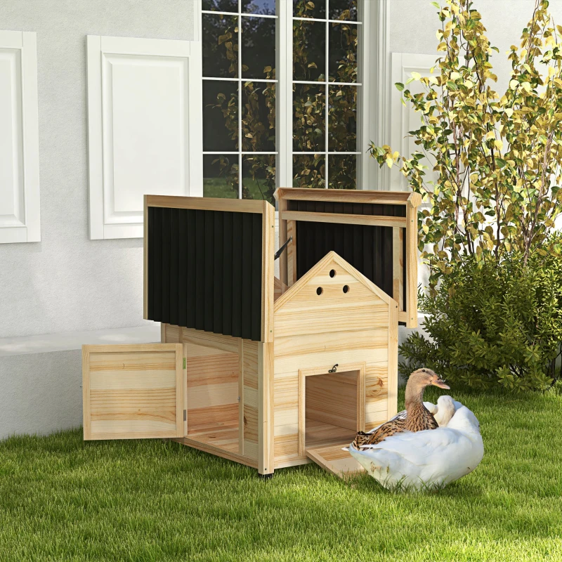 PawHut Duck Coop, Wooden Duck House with Openable Roof & Double Doors, Natural Wood