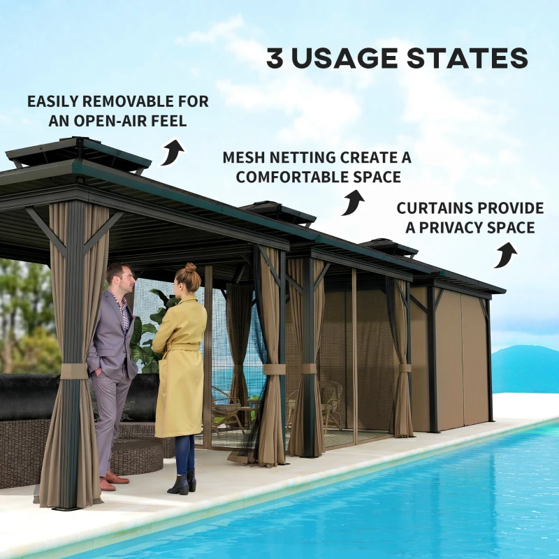 Outsunny 10' x 10' Hardtop Gazebo, Sun Shelter with Double Tier Metal Roof, Mosquito Netting, and Hanging Hook, Dark Brown