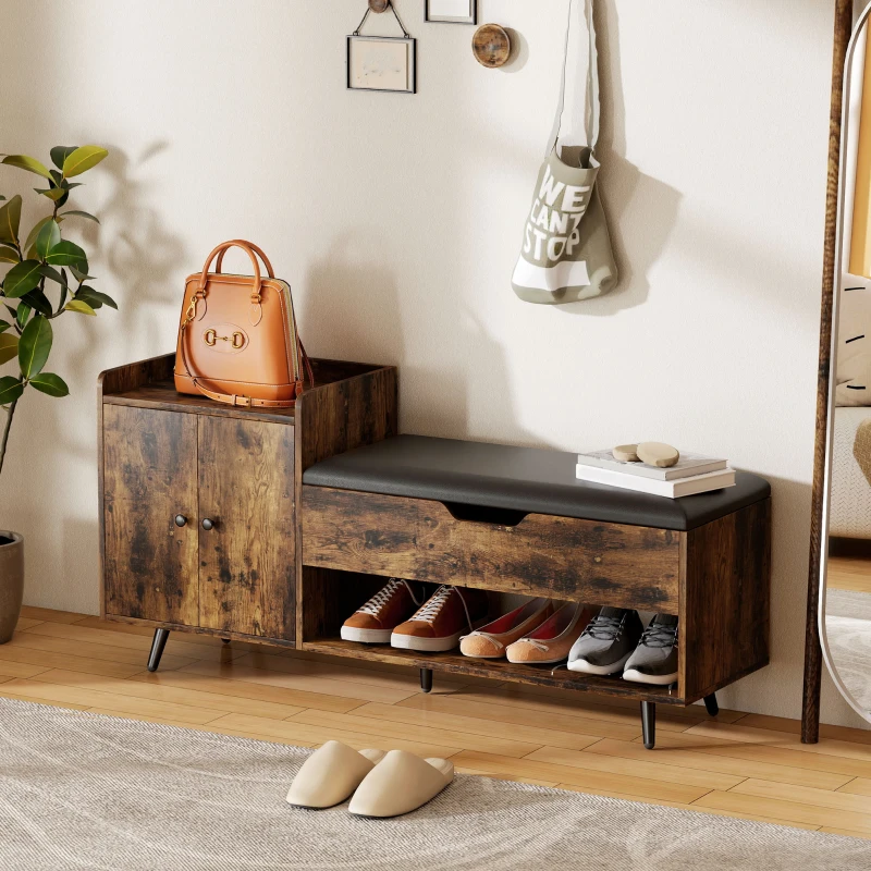 HOMCOM Storage Bench, Entryway Bench with Cushion, Hidden Storage, Compartments, Rustic Brown