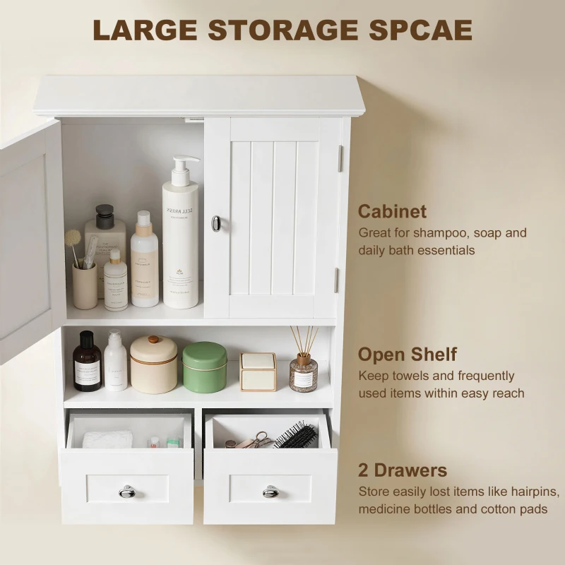 kleankin Bathroom Wall Cabinet, Medicine Cabinet, Over Toilet Storage Cabinet with Shelf and Drawers for Hallway, Living Room, White