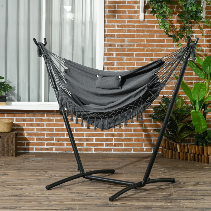 Outsunny Patio Hammock Chair with Stand, Outdoor Hammock Swing Hanging Lounge Chair with Side Pocket and Headrest, Dark Grey