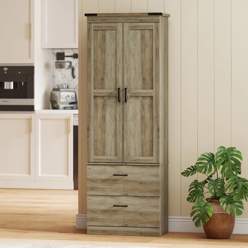 HOMCOM 67" Tall Kitchen Pantry Storage Cabinet, Kitchen Pantry Cabinet with Doors, Drawers and Adjustable Shelves, Light Ivory