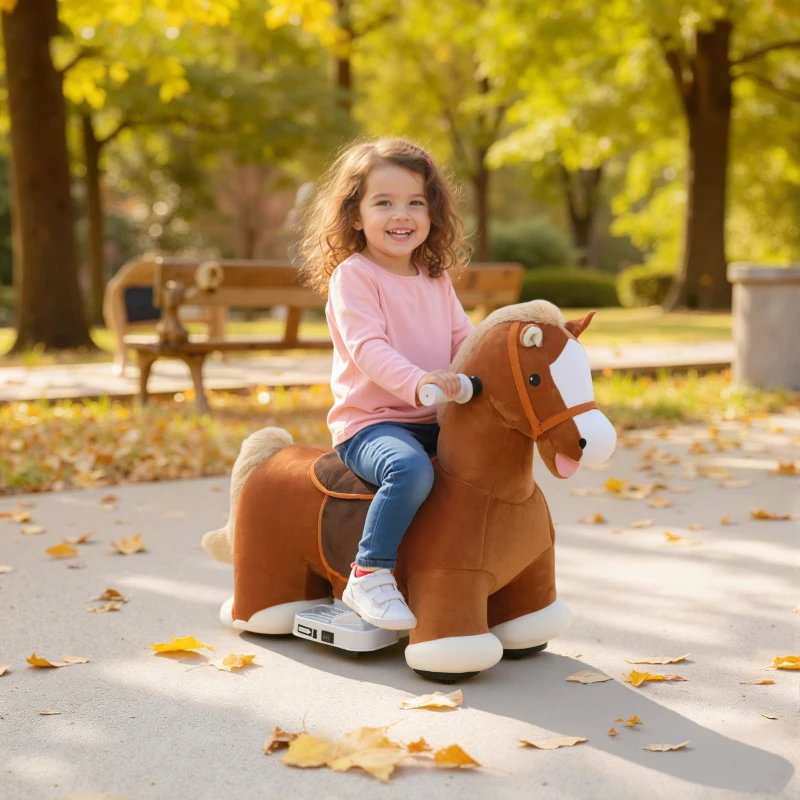 Qaba 6V Battery Powered Ride on Horse with Music, Forward, Foot Pedal, Soft Touch, Washable Cover, for 1.5-5 Years Old