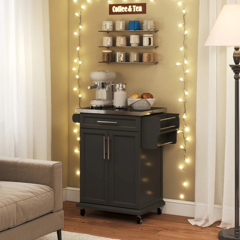 HOMCOM Kitchen Island with Stainless Steel Top, Rolling Kitchen Cart on Wheels with Storage Drawer, Cabinet, Towel Rack and Spice Rack (Black)