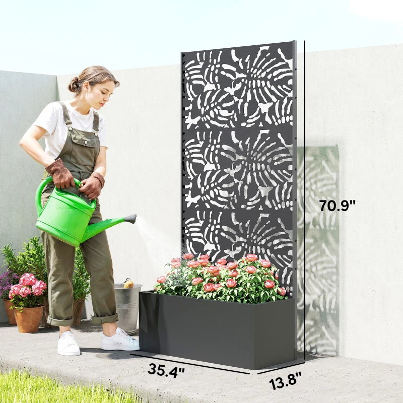 Outsunny Metal Planter Box with Trellis, 71" Tall Raised Garden Bed with Privacy Screen and Drainage Holes, Banana-Leaf Cut-Outs