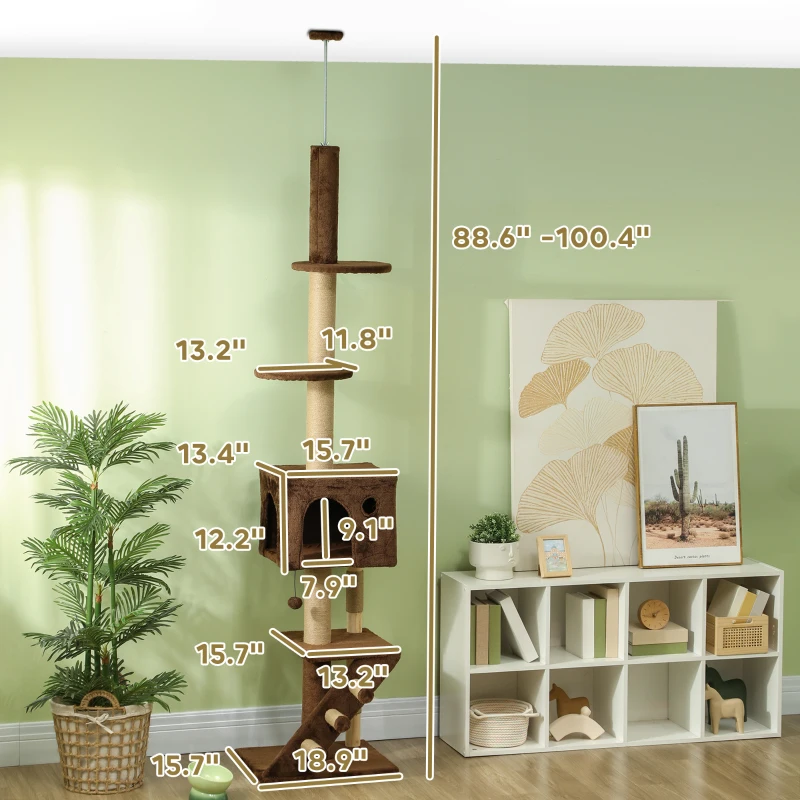 PawHut 89"-100" Floor to Ceiling Cat Tree with Cat Condo, Scratching Posts, 3-Steps, Perches, Hanging Ball & Anti-Tip Kit Brown