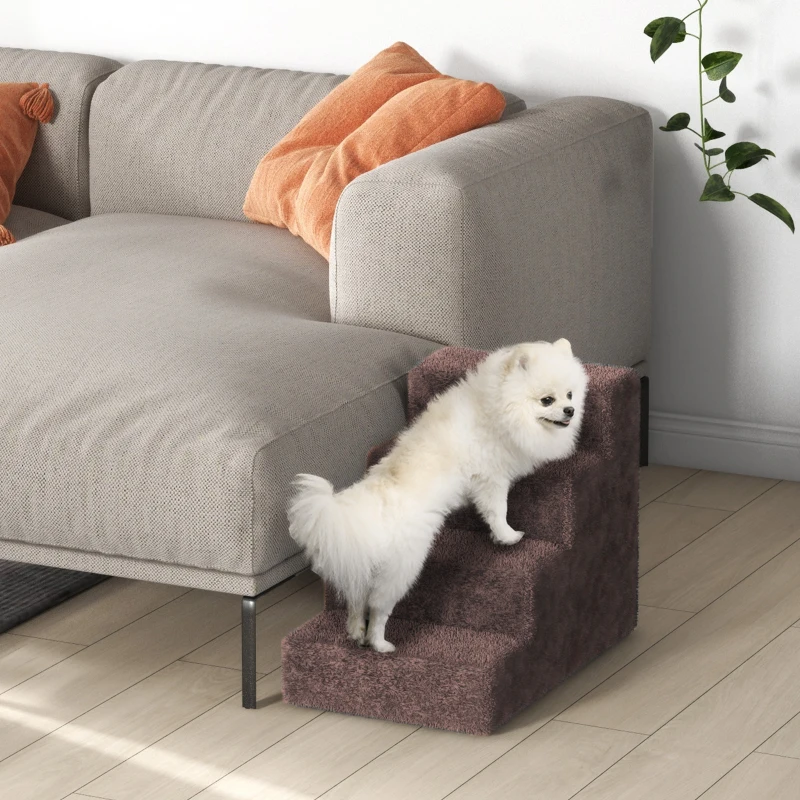 PawHut 4-Step Dog Ramp for Sofa, Bed, and Couch, with Removable Cover, Brown(m-10)