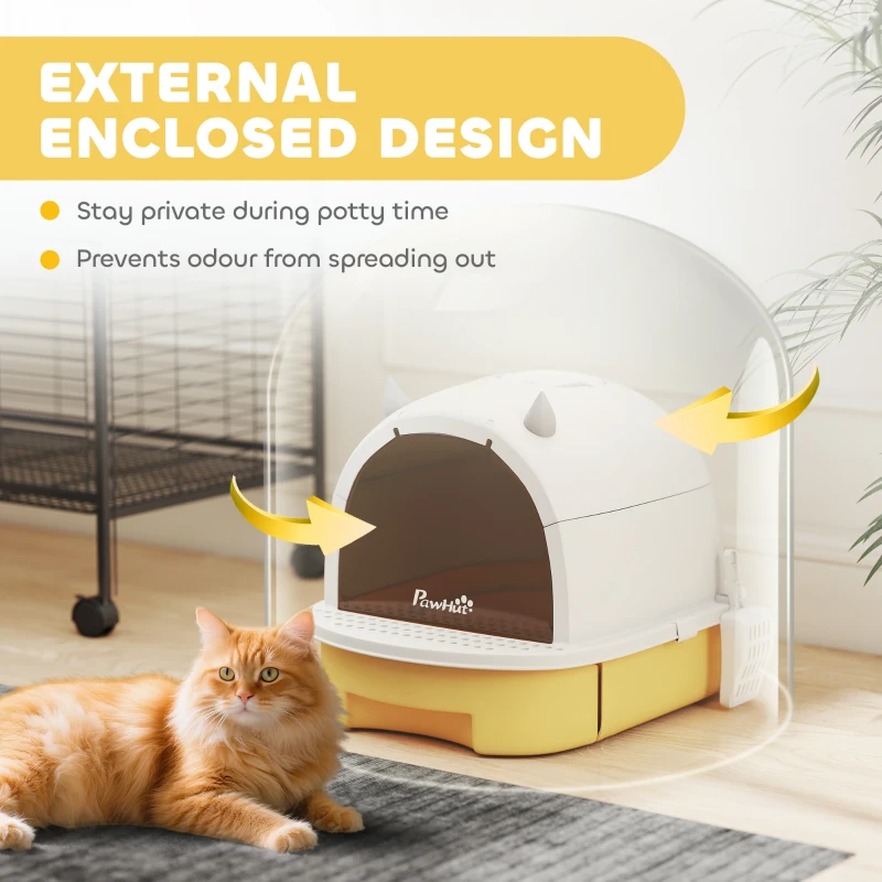 PawHut Cat Litter Box with Lid, Front Door Flap, Scoop, Handle, Easy Clean, for Small and Medium Cats, Yellow