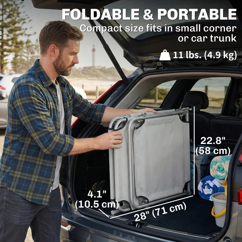 Outsunny Outdoor Lounge Chair, Adjustable Folding Chaise Lounge, Tanning Chair with Sun Shade for Beach, Camping, Hiking, Backyard, Light Grey