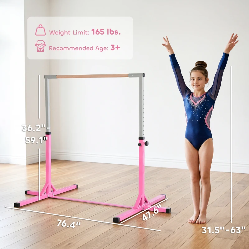 Soozier Gymnastics Bar for Kids, Adjustable Height Kip Bar for Home, Pink