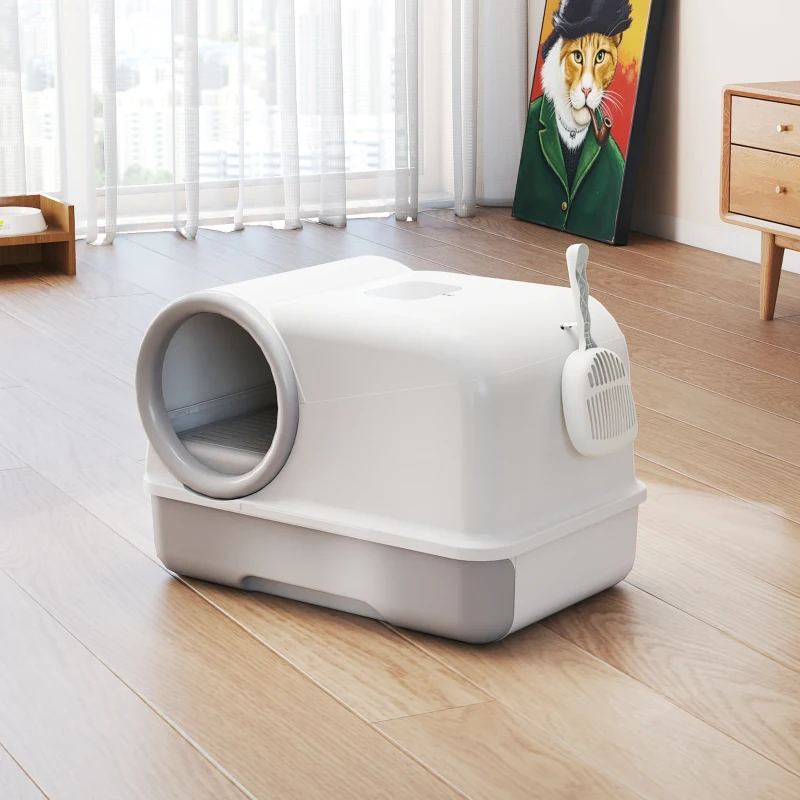 PawHut Cat Litter Box Easy Clean Drawer Odor Control Hooded Cat Litter Tray with Scoop White and Grey