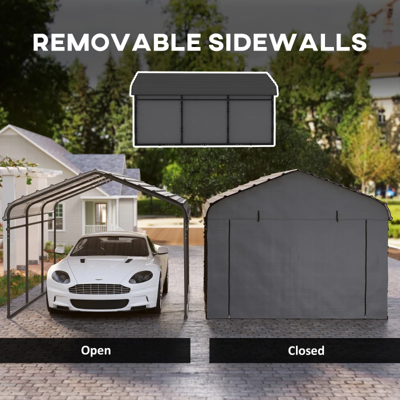 Outsunny 10' x 15' Metal Carport, Heavy Duty Garage Car Canopy with Galvanized Metal Roof and Removable Sidewalls, Dark Gray