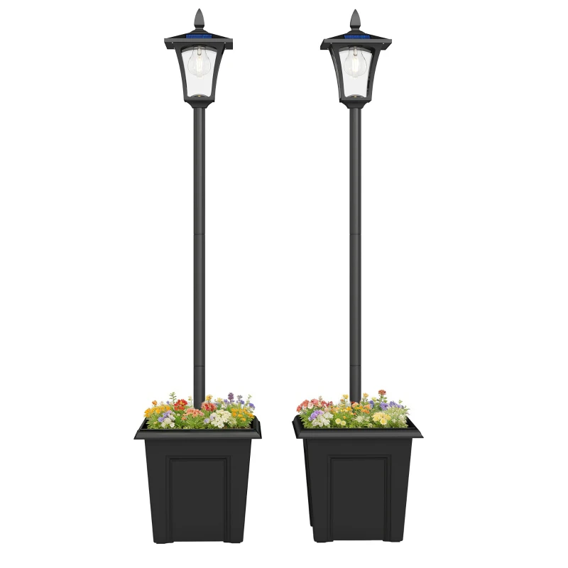 Outsunny 63" Solar Lamp Post Lights 2 Pack, Waterproof LED Solar Light Posts with Planter, Black