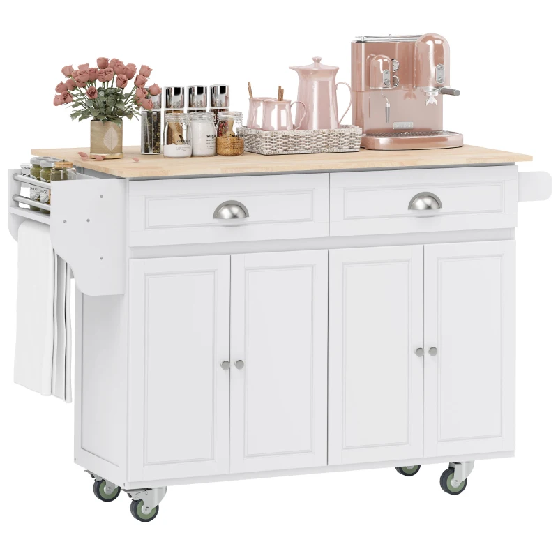 HOMCOM Kitchen Island with Storage, Rolling Kitchen Island with Drop Leaf, Rubber Wood Top and Adjustable Shelves, White