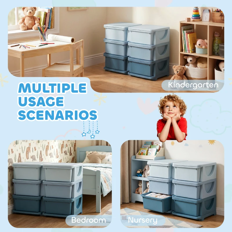 Qaba 3 Tier Kids Toy Organizer and Storage Bins with 6 Plastic Drawers, Blue