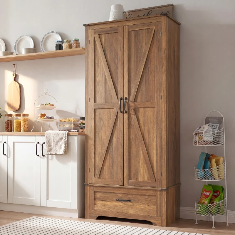HOMCOM 72" Farmhouse Pantry Cabinet with Adjustable Shelves, Kitchen Pantry Cabinet with 2 Doors, Brown