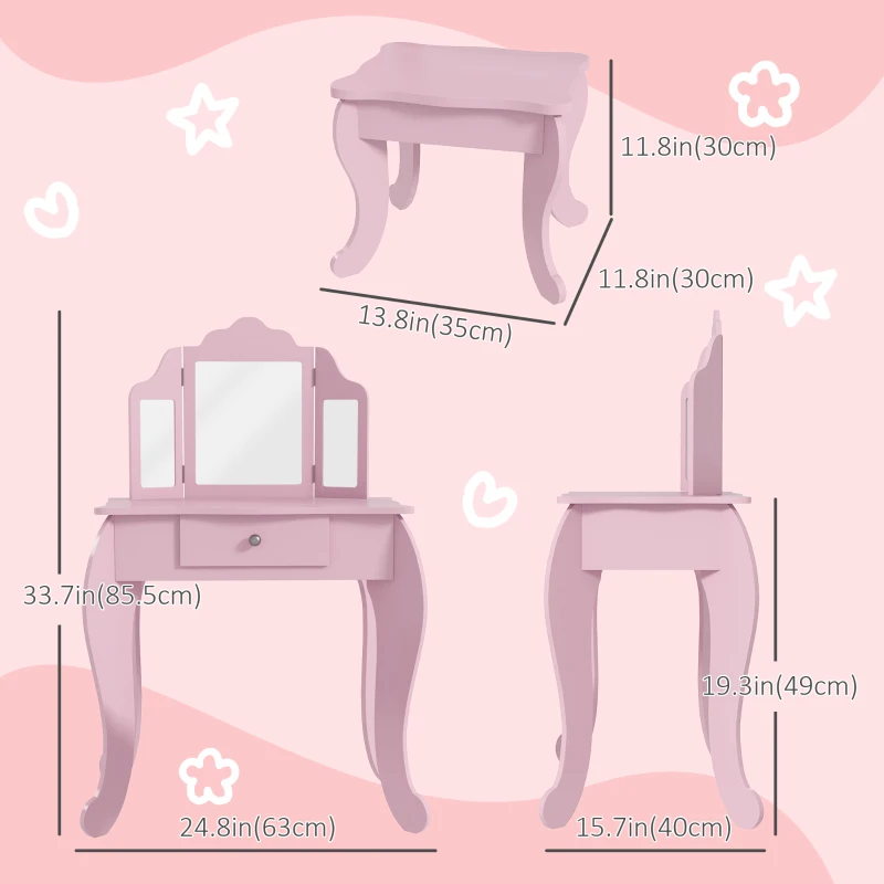 Qaba Kids Vanity Table and Stool, Makeup Vanity Girls Dressing Table Set with Tri-folding Mirrors Drawer Star and Heart Pattern, Pink