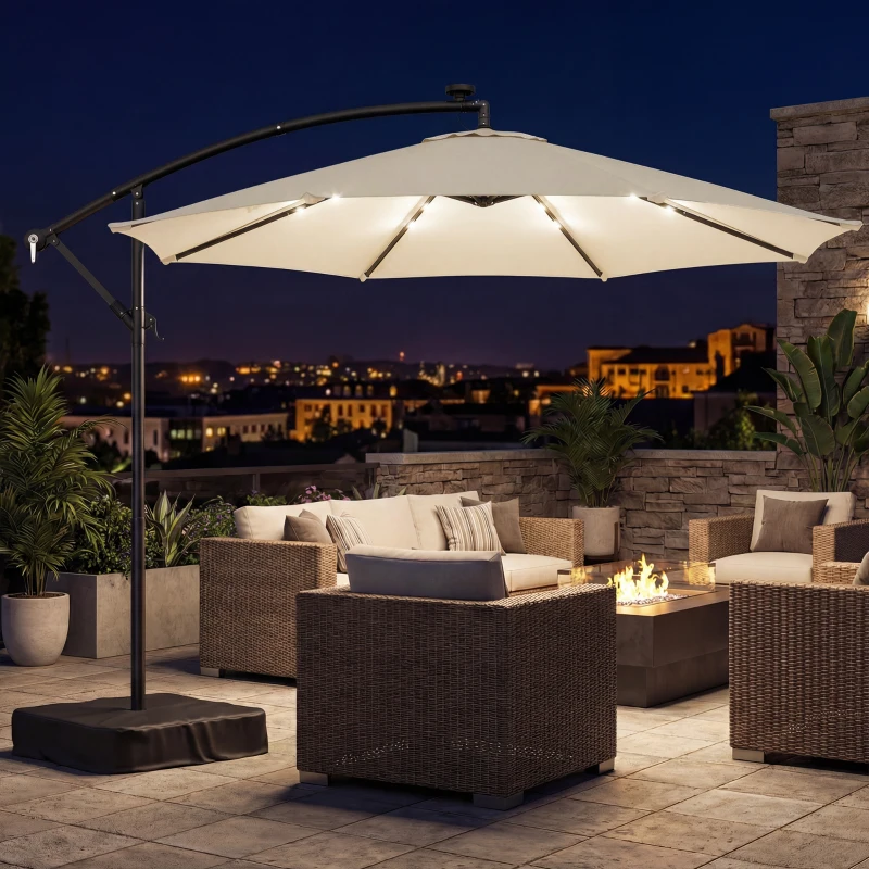 Outsunny 10 ft Cantilever Patio Umbrella with Light, Weight, Offset Hanging Outdoor Umbrella with Protective Cover, Cream White