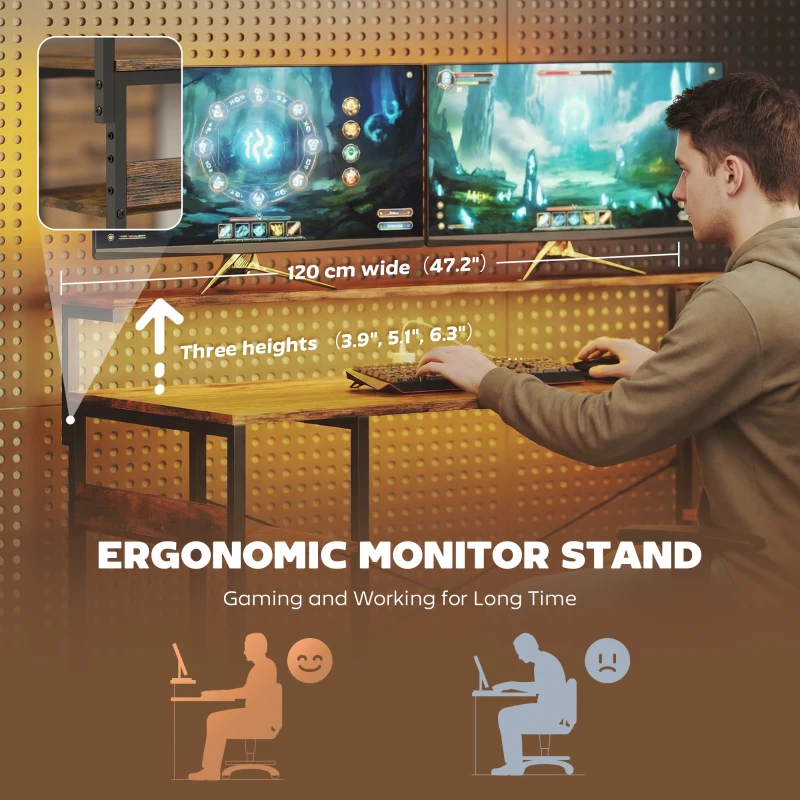 HOMCOM Gaming Desk with Power Outlets LED Lights Computer Desk with Drawers Monitor Stand 61" Rustic Brown