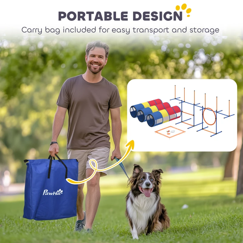 PawHut Dog Agility Training Equipment, 11-Piece Dog Obstacle Course with Adjustable Hurdle & Ring, 3 Tunnels, Weave Poles