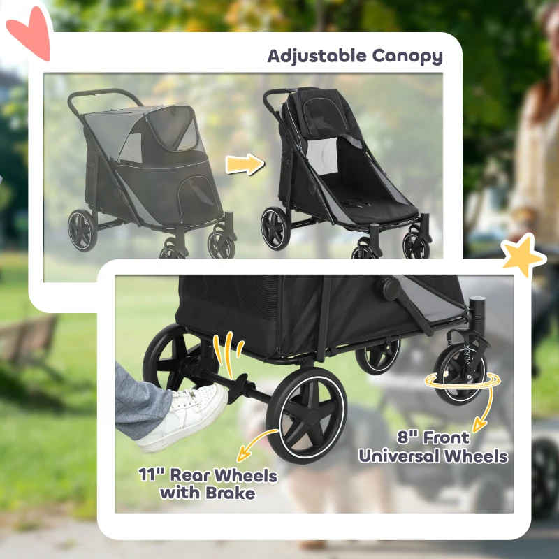 PawHut Dog Stroller for Large Medium Small Dogs up to 66 Lbs. 23.5" in Body Length, One-Click Foldable Pet Cat Stroller with Storage, Shock Absorption Wheels, Mesh Window, Safety Leash, Gray