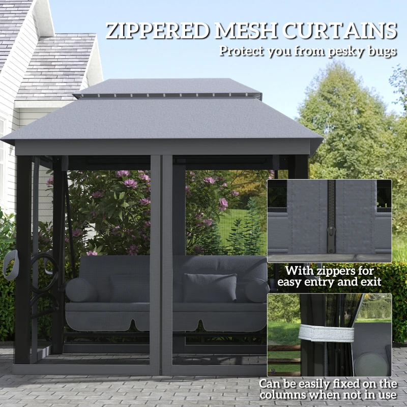 Outsunny 3-Seat Patio Swing Chair, Outdoor Gazebo Swing with Double Tier Canopy, Mesh Sidewalls, Cushioned Seat and Pillows, Gray