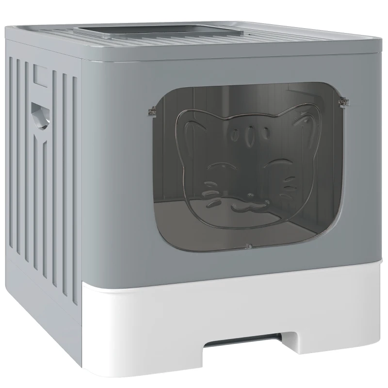 PawHut Cat Litter Box with Lid, Slide-Out Drawer, Scoop, Easy Clean, Odour Control, Anti-Splashing, Grey