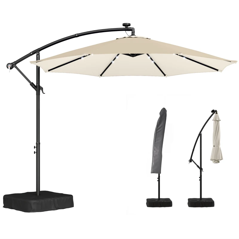 Outsunny 10 ft Cantilever Patio Umbrella with Light, Weight, Offset Hanging Outdoor Umbrella with Protective Cover, Cream White