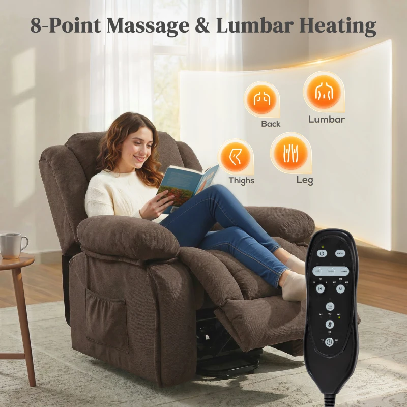 HOMCOM Overstuffed Power Lift Recliner Chair with Vibration Massage and Heat, Side Pockets, Pocket Spring, for Adults, Brown