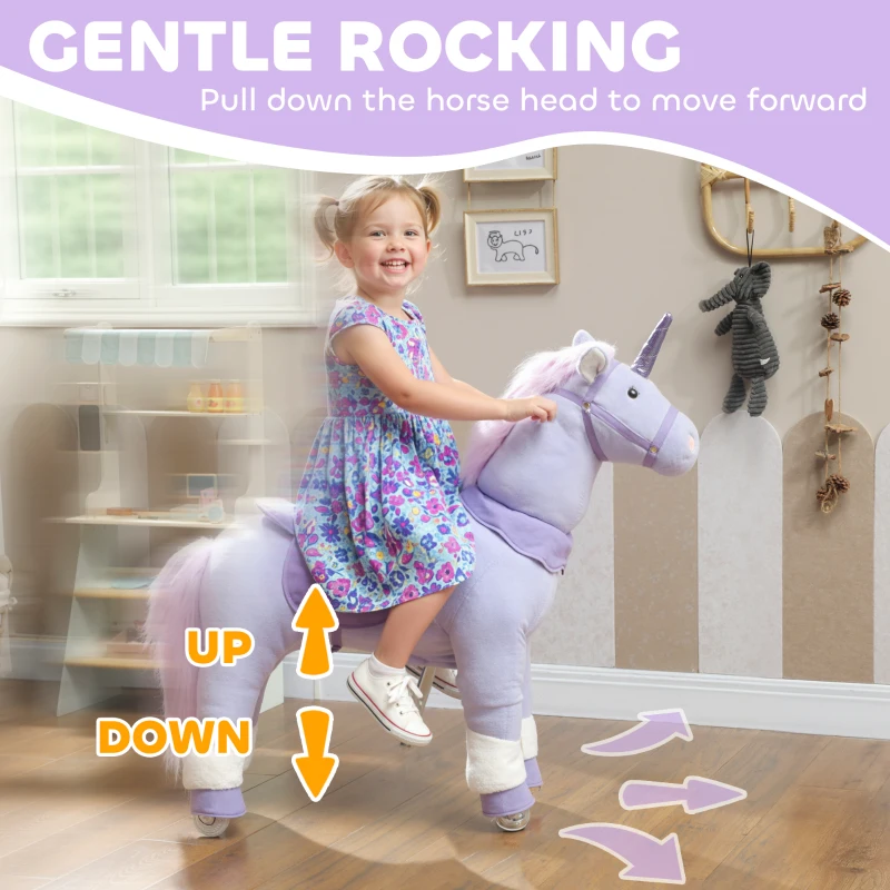 Qaba Ride on Unicorn Toy for Kids 4-7 Years, 37.8 Inch Plush Baby Rocking Horse with Wheels, No Battery Required, Purple