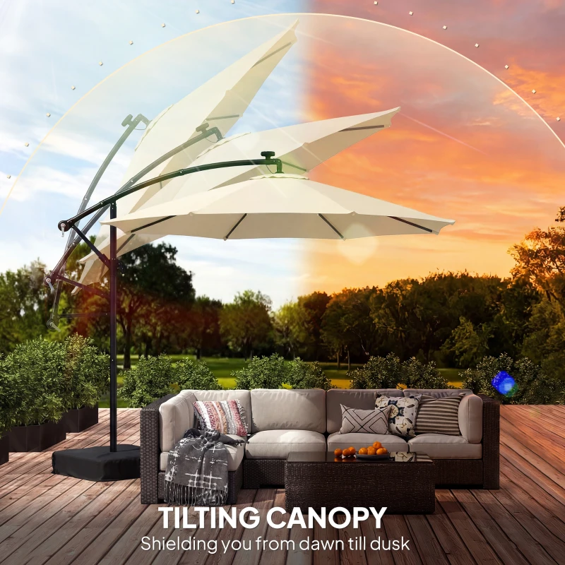 Outsunny 10 ft Cantilever Patio Umbrella with Light, Weight, Offset Hanging Outdoor Umbrella with Protective Cover, Cream White