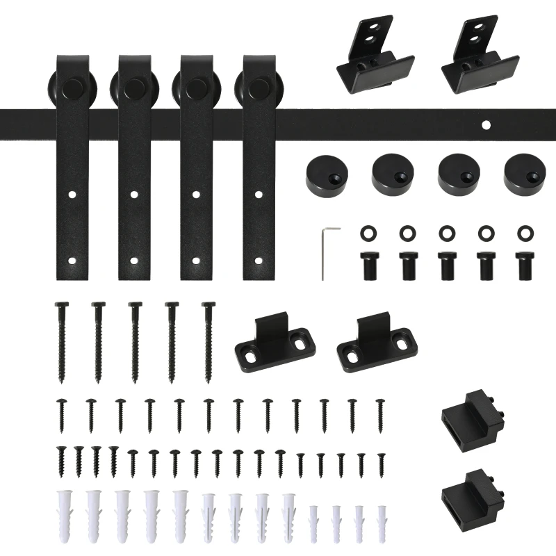 HOMCOM Mini Sliding Barn Door Hardware Kit for Double Doors, TV Stands, Cabinet Barn Door Hardware Kit, Fit 17.7" Wide Door Panel (J Shape), Black