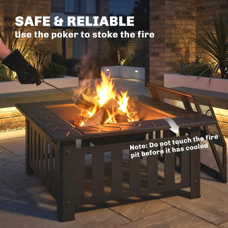 Outsunny 26" Outdoor Fire Pit with Fire Poker, Steel Square Wood Burning Firepit with Mesh Lid, Firepits, Black