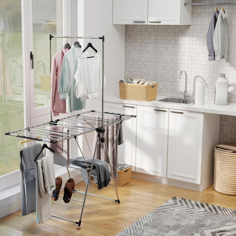 HOMCOM Clothes Drying Rack, Foldable Stainless Steel Laundry Drying Rack with Adjustable Gullwings and Shoe Holders, Silver