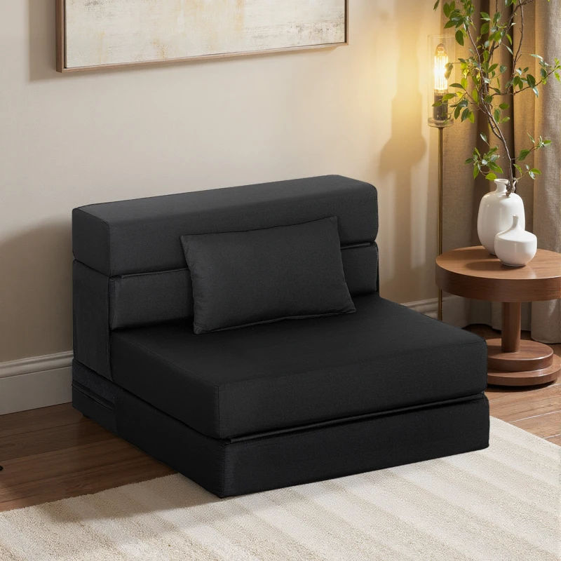HOMCOM Folding Chair Bed with Pillow, Modern Linen Sleeper Sofa Bed for Living Room, Dorm, Guest Use, Black