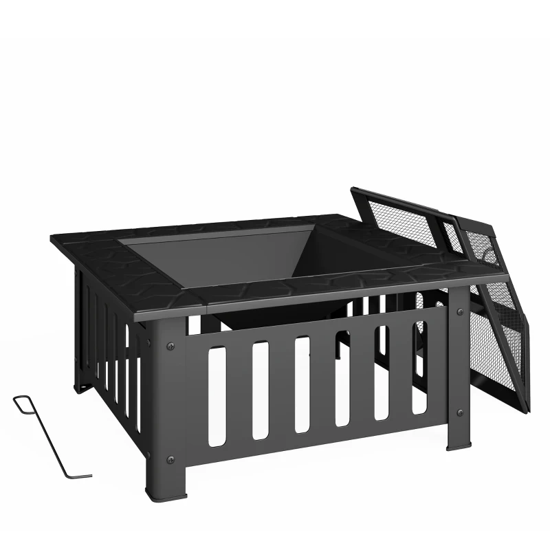 Outsunny 26" Outdoor Fire Pit with Fire Poker, Steel Square Wood Burning Firepit with Mesh Lid, Firepits, Black