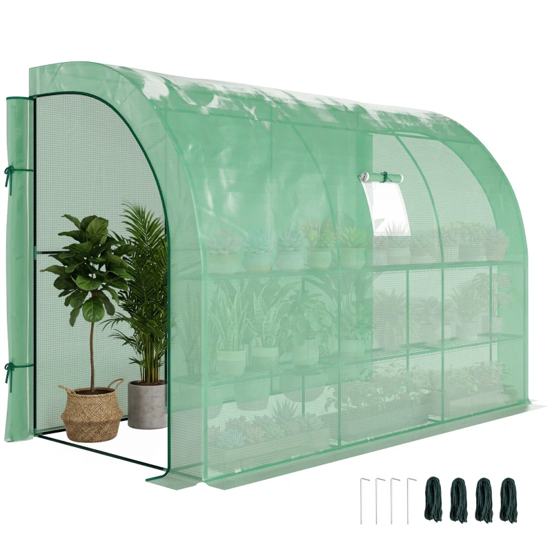 Outsunny Walk-in Wall Lean-to Greenhouse, 10' x 5' x 7' Outdoor Gardening Green House with PE Cover, Windows, Shelves and 2 Zipper Doors, Green