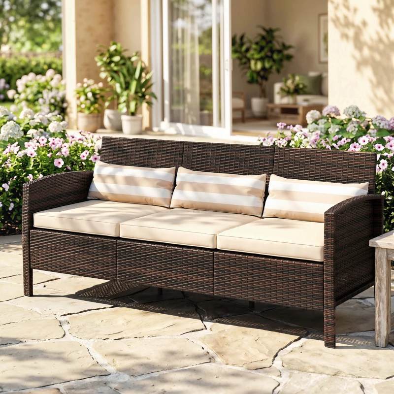 Outsunny 3-Seater Wicker Sofa, PE Rattan Outdoor Couch Conversation Furniture with Removable Cushions for Patio, Garden, Brown