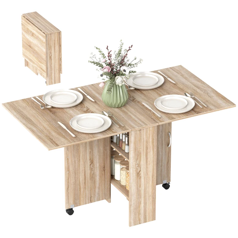 HOMCOM Extendable Dining Table, Collapsible Folding Table w/ 2-tier Shelves and Rolling Casters, Nature Wood