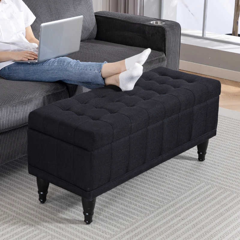HOMCOM Storage Ottoman, Linen Fabric End of Bed Bench with Button Tufted Storage Bench for Bedroom, Black