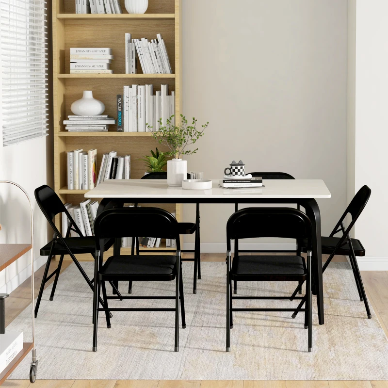 HOMCOM Set of 6 Metal Foldable Chairs, Faux Linen Padded Folding Chairs with Cushion Seat and Open Back for Indoor, Black