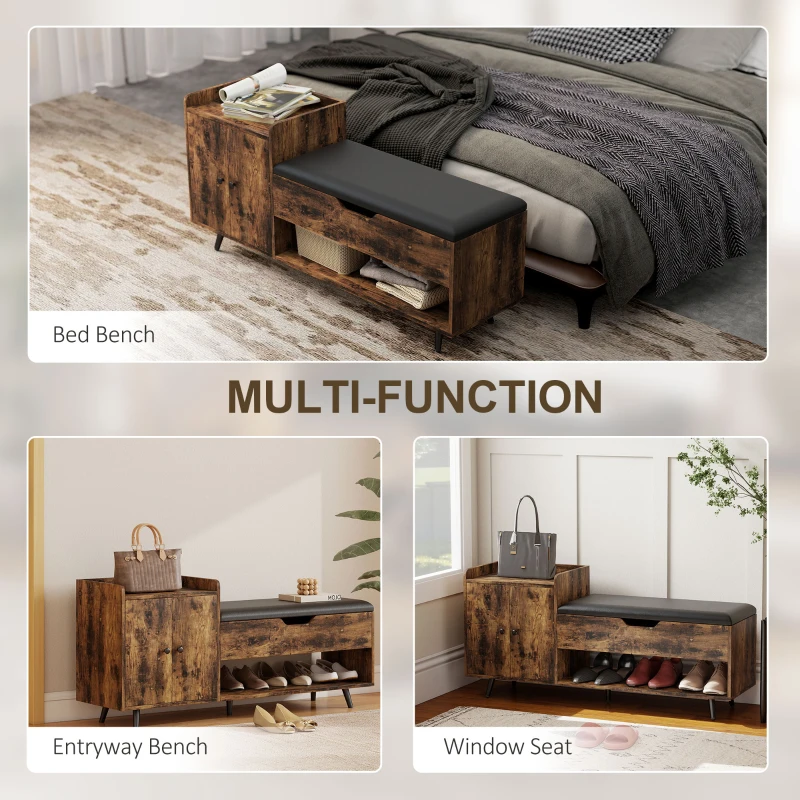 HOMCOM Storage Bench, Entryway Bench with Cushion, Hidden Storage, Compartments, Rustic Brown