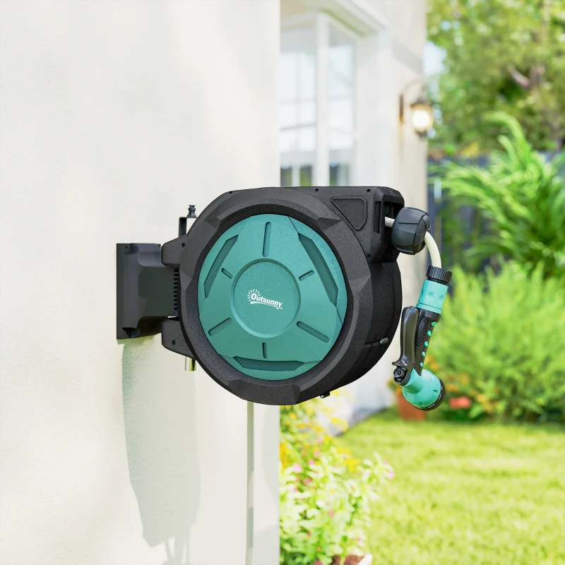 Outsunny 1/2 in x 65ft Wall Mounted Garden Hose Reel, Retractable Water Hose Reel with Auto Rewind, Any Length Lock, Blue