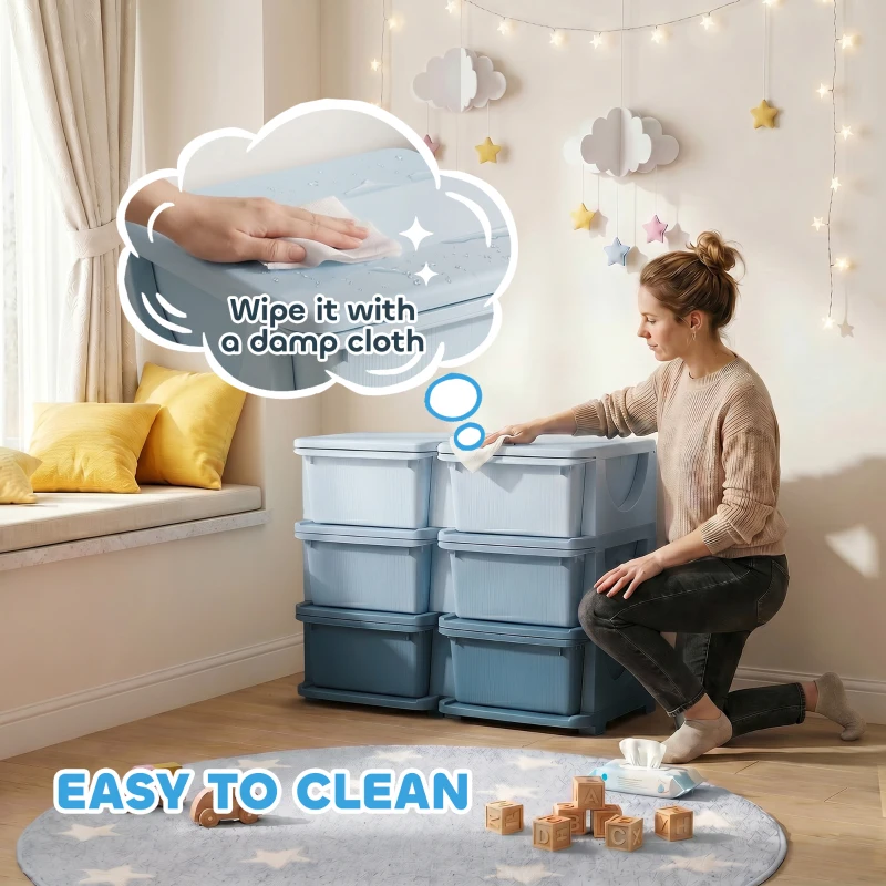 Qaba 3 Tier Kids Toy Organizer and Storage Bins with 6 Plastic Drawers, Blue