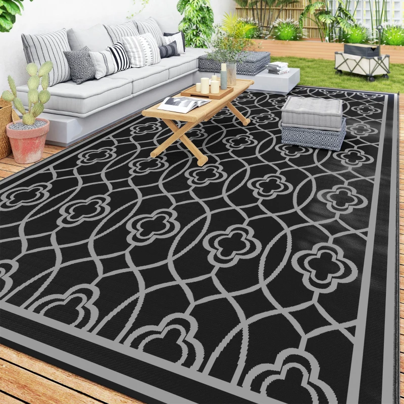 Outsunny 9' x 18' Outdoor RV Rug, Reversible Patio Floor Mat with Carry Bag, Lantern, Black and Grey