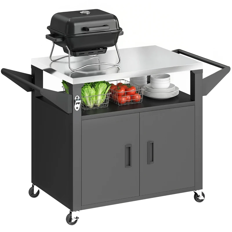 Outsunny Outdoor Grill Cart with Stainless Steel Tabletop, 3-Shelf Pizza Oven Stand with Storage Cabinet, Wheels, Black