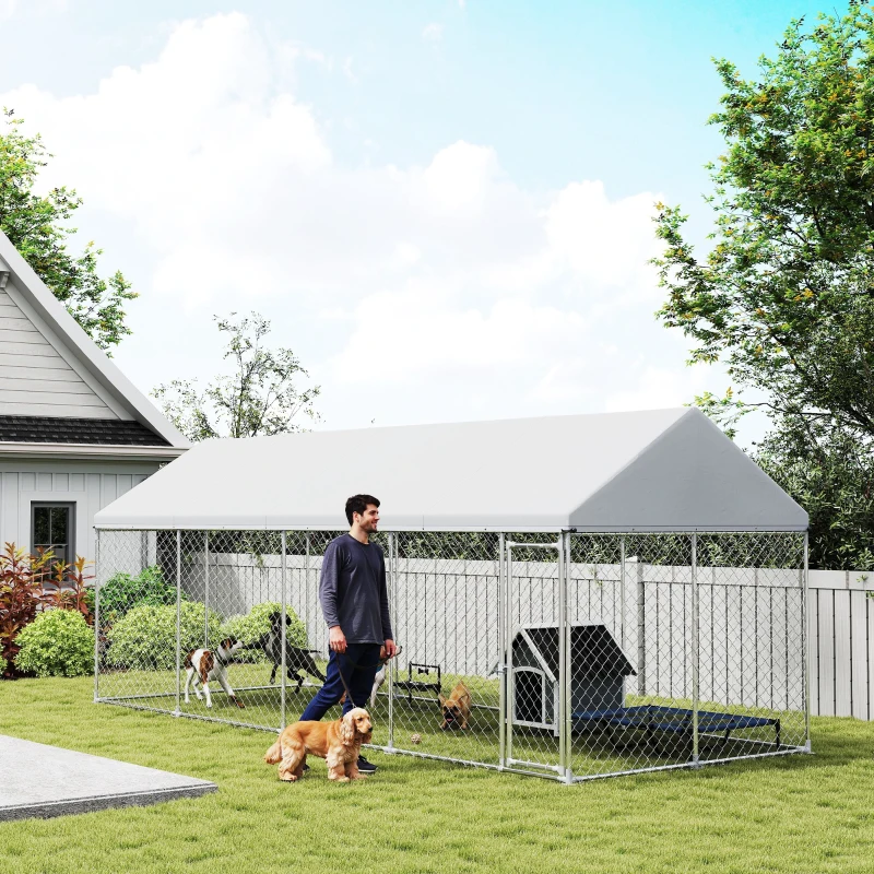 PawHut Heavy Duty Outdoor Dog Kennel with Waterproof Roof, Secure Latch, Chain Link Dog Run for Backyard, 20' x 7.5' x 8'