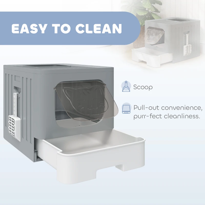 PawHut Cat Litter Box with Lid, Slide-Out Drawer, Scoop, Easy Clean, Odour Control, Anti-Splashing, Grey